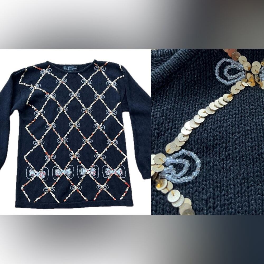 Vintage Embellished Black Sweater with Sequins Medium Beaded Bows Gold Silver
